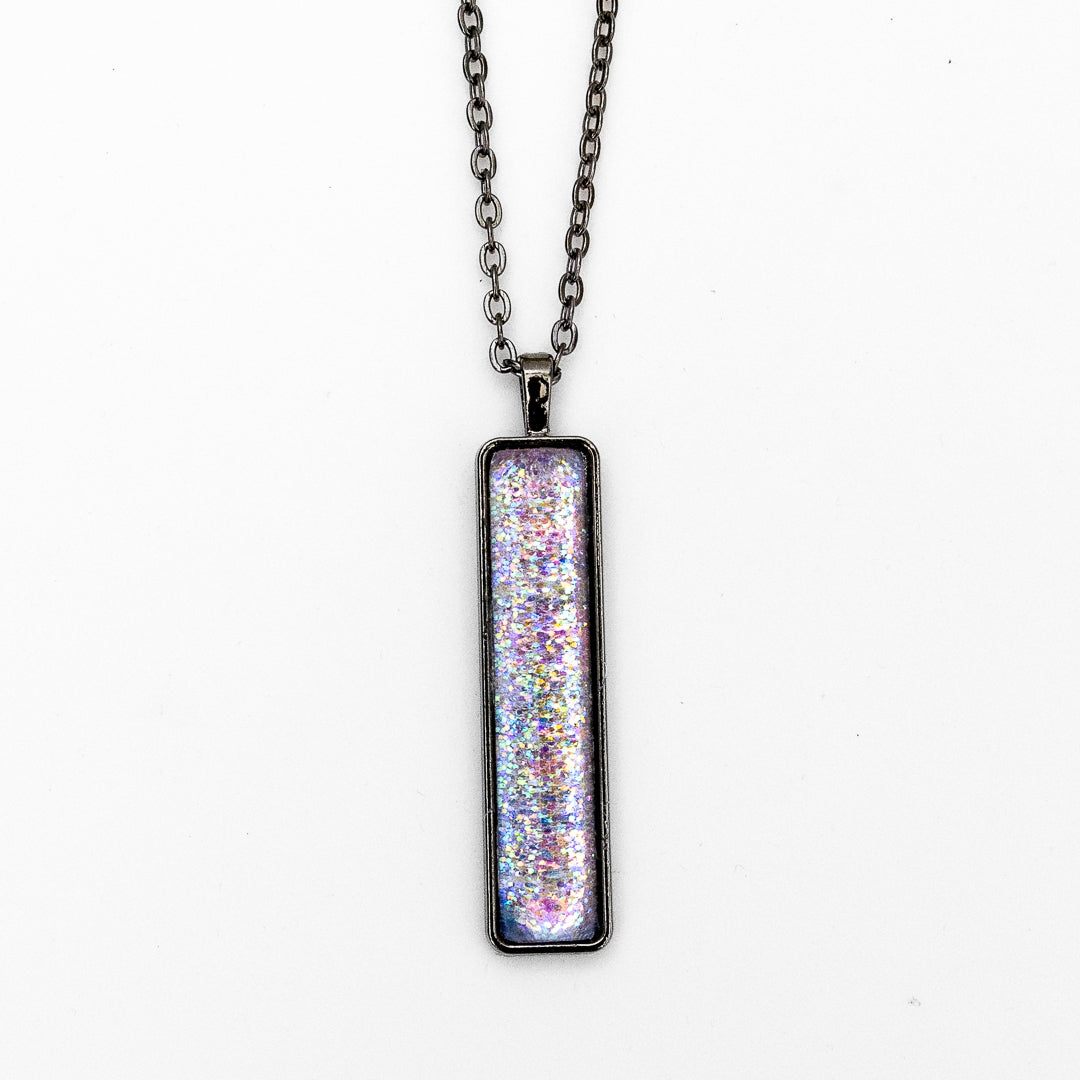 Pink with Iridescent Sparkles Pendant on Gunmetal Chain