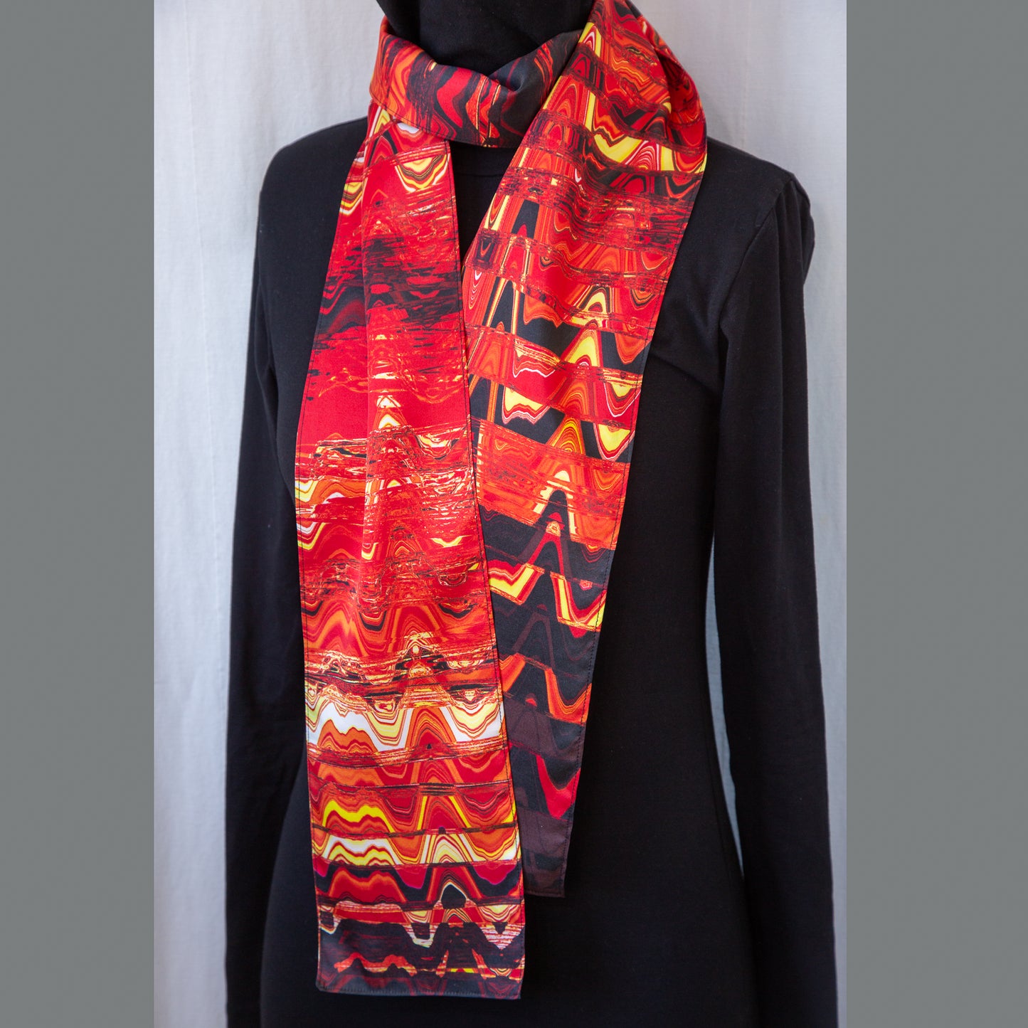 Red, Orange, Yellow, Black Abstract Print Silk Charmeuse Scarf - Fire Waves "Lava"