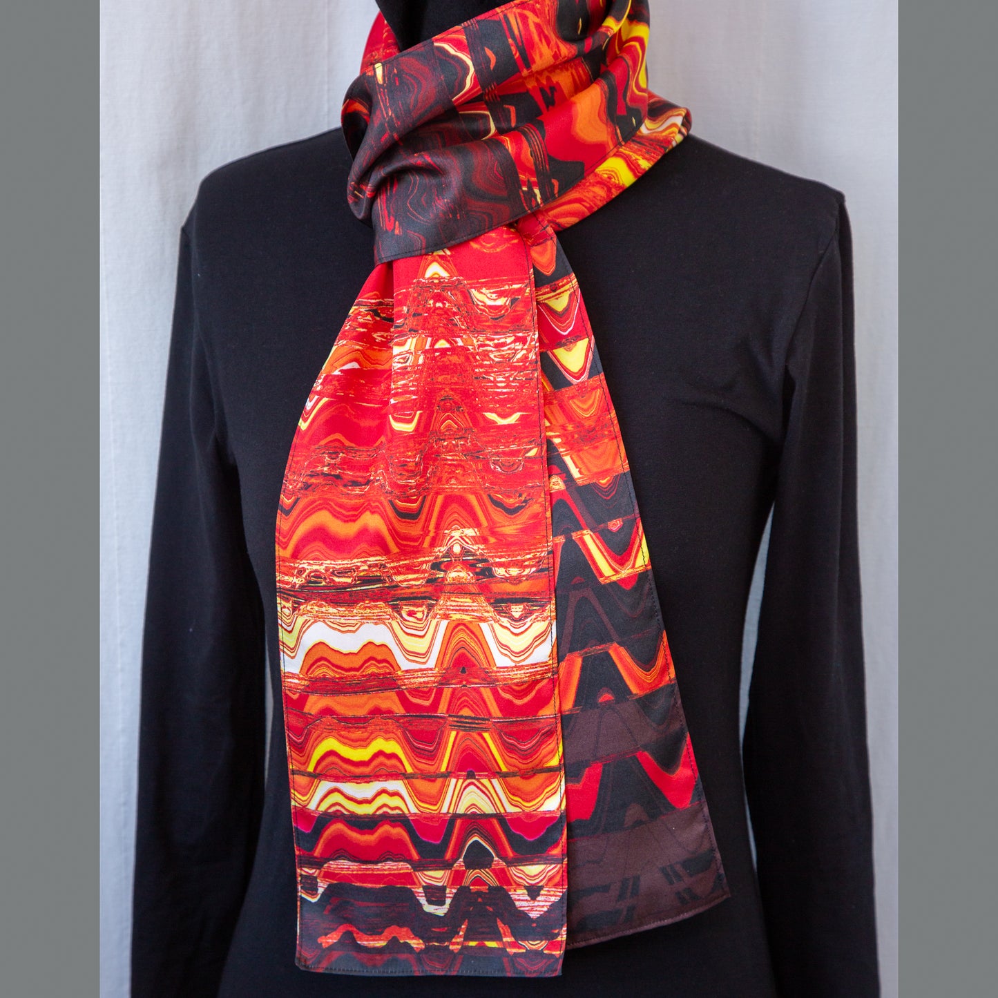 Red, Orange, Yellow, Black Abstract Print Silk Charmeuse Scarf - Fire Waves "Lava"