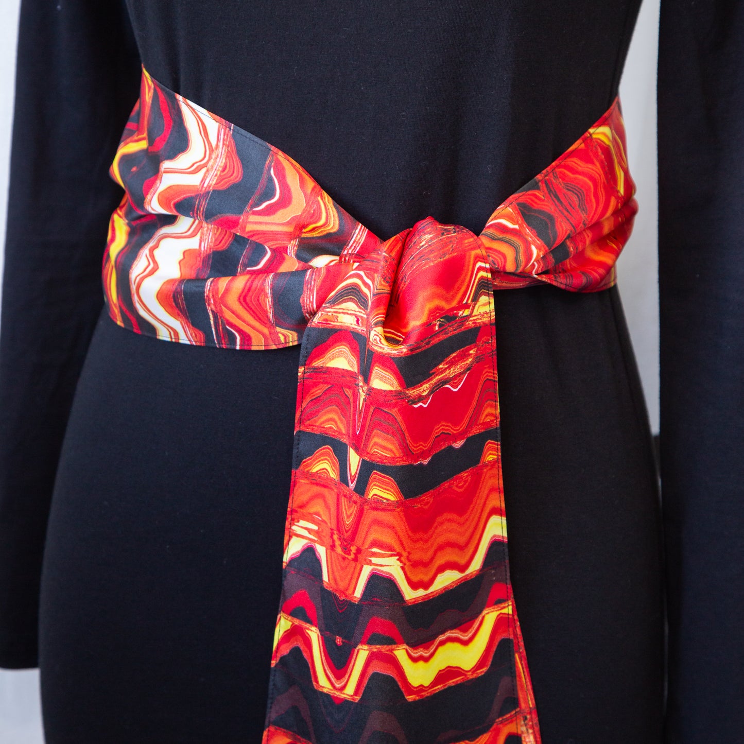 Red, Orange, Yellow, Black Abstract Print Silk Charmeuse Scarf - Fire Waves "Lava"