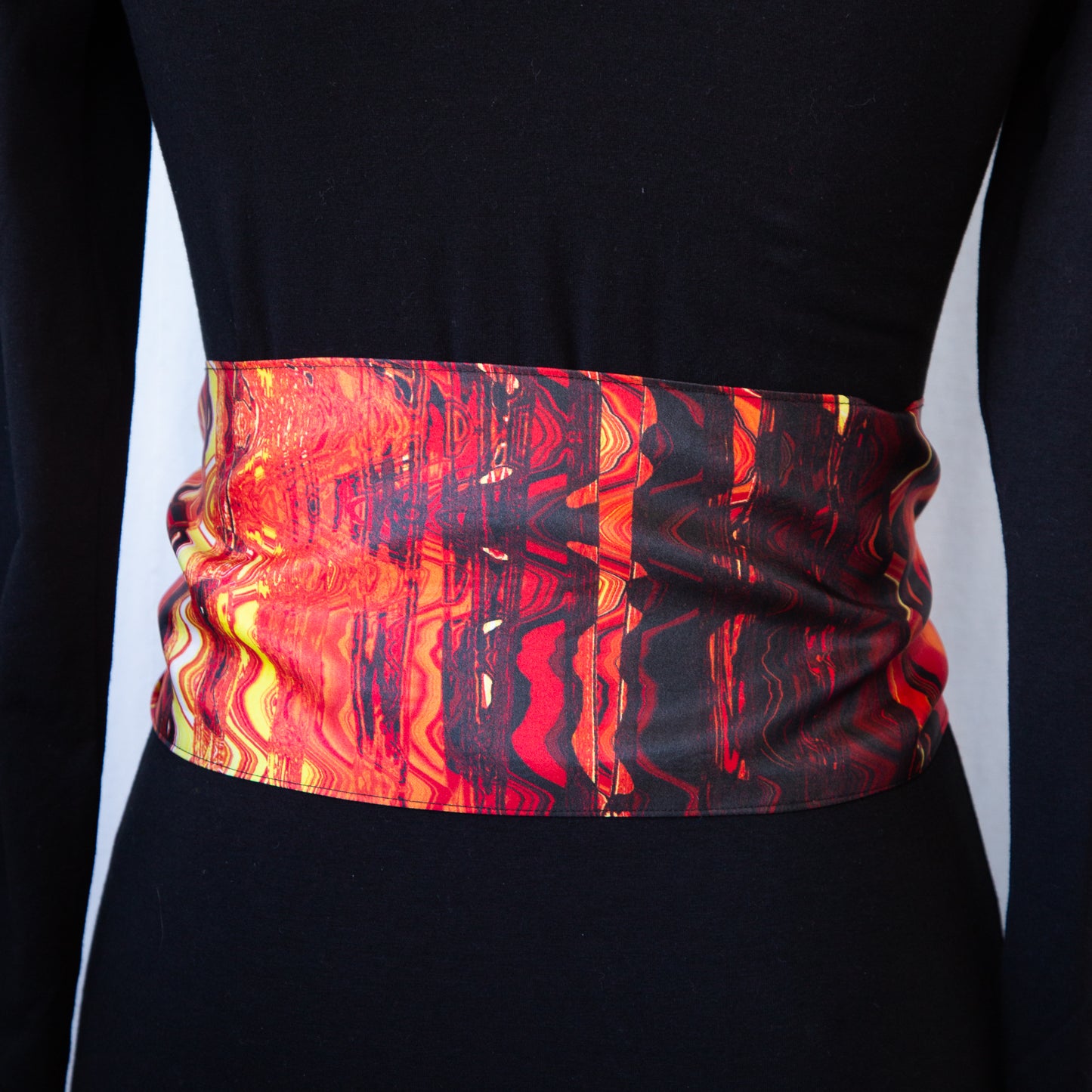 Red, Orange, Yellow, Black Abstract Print Silk Charmeuse Scarf - Fire Waves "Lava"