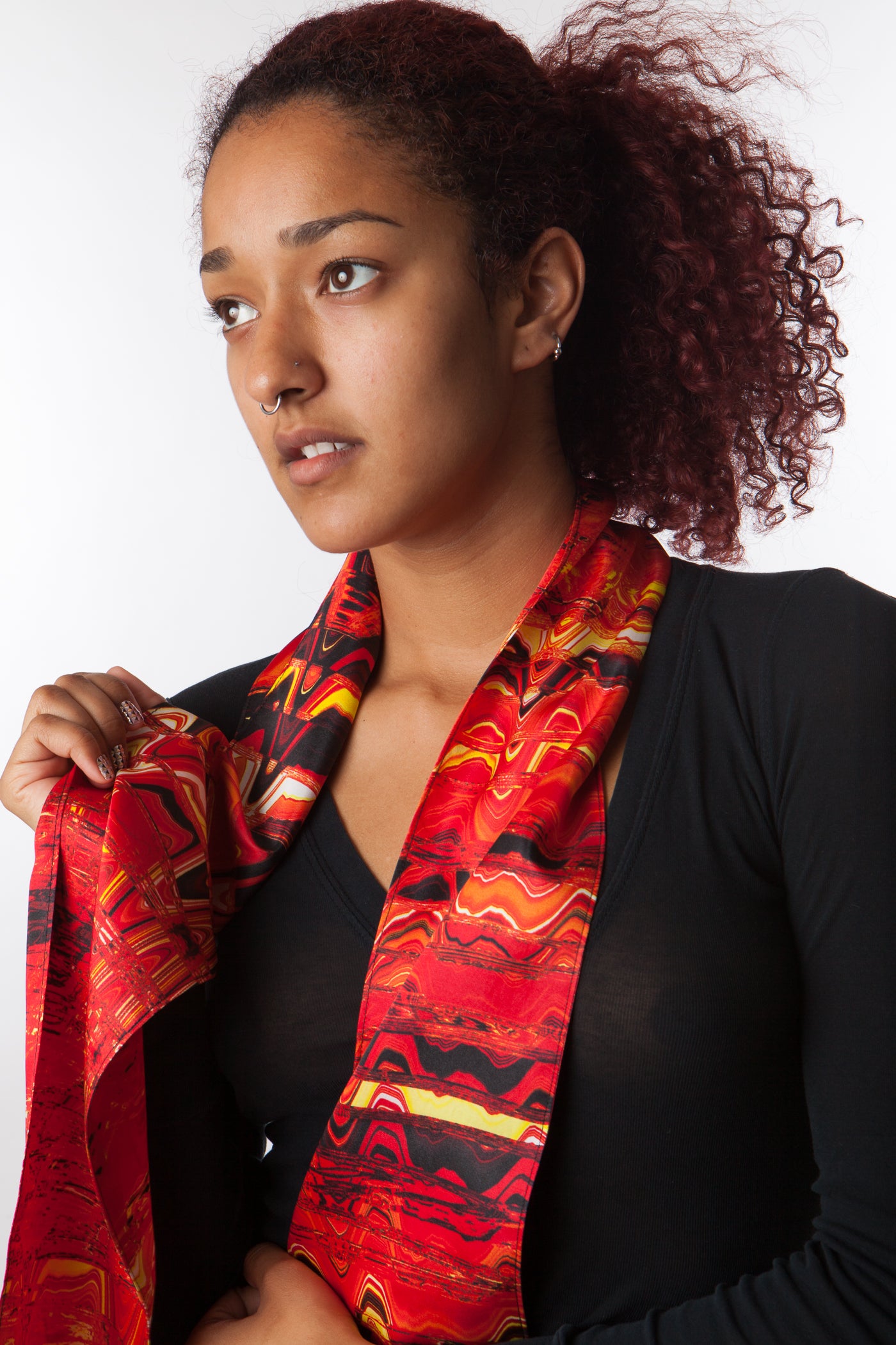 Red, Orange, Yellow, Black Abstract Print Silk Charmeuse Scarf - Fire Waves "Lava"