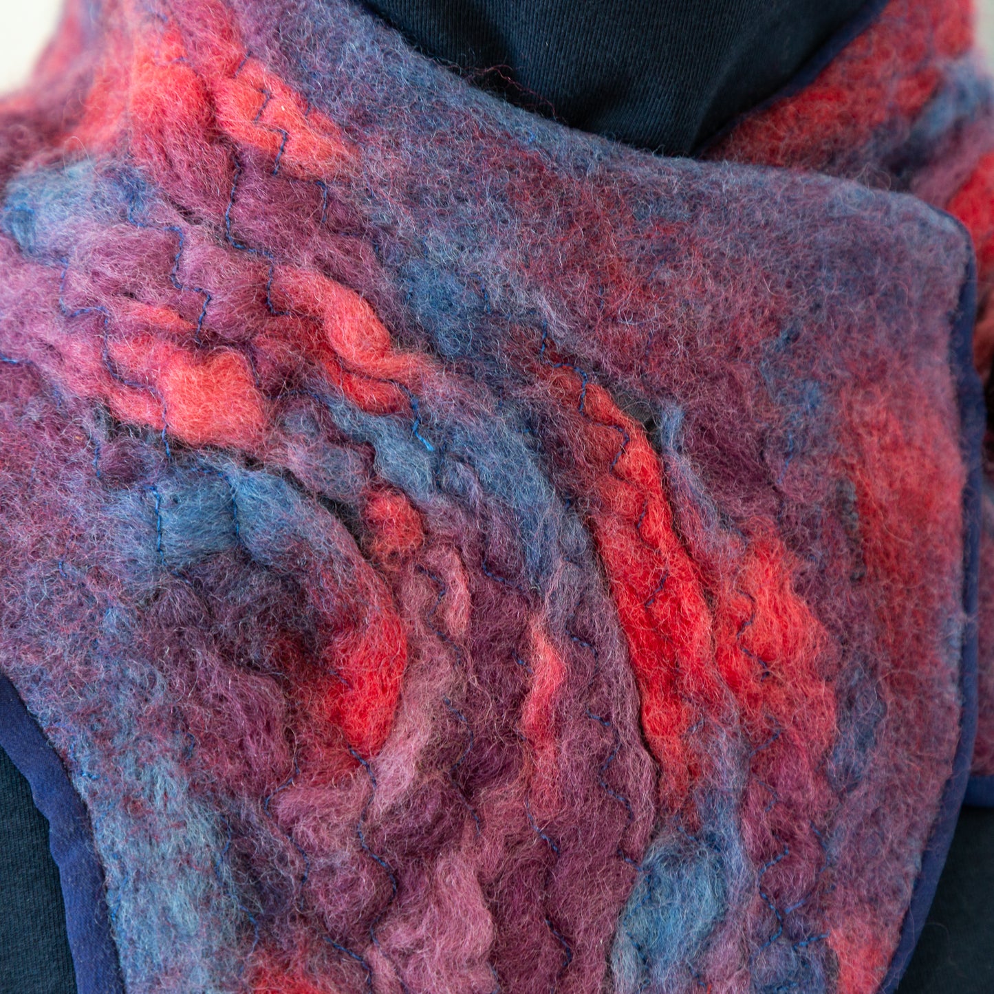 Purple Blue and Red Wool Felt and Silk Scarf No. 1