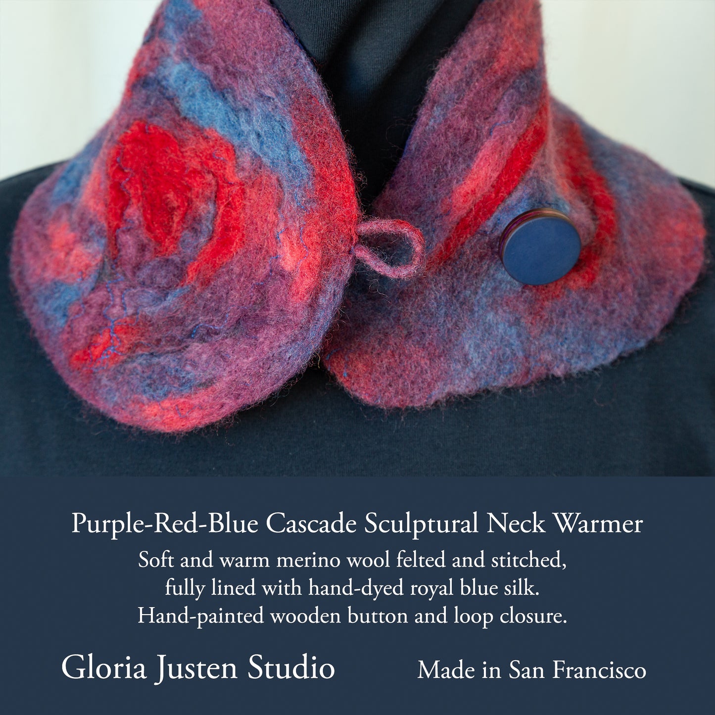 Purple Blue and Red Wool Felt and Silk Scarf No. 2
