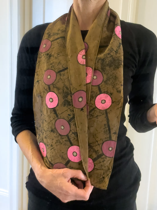 Dark taupe silk crepe de chine scarf with black lines and pink circles