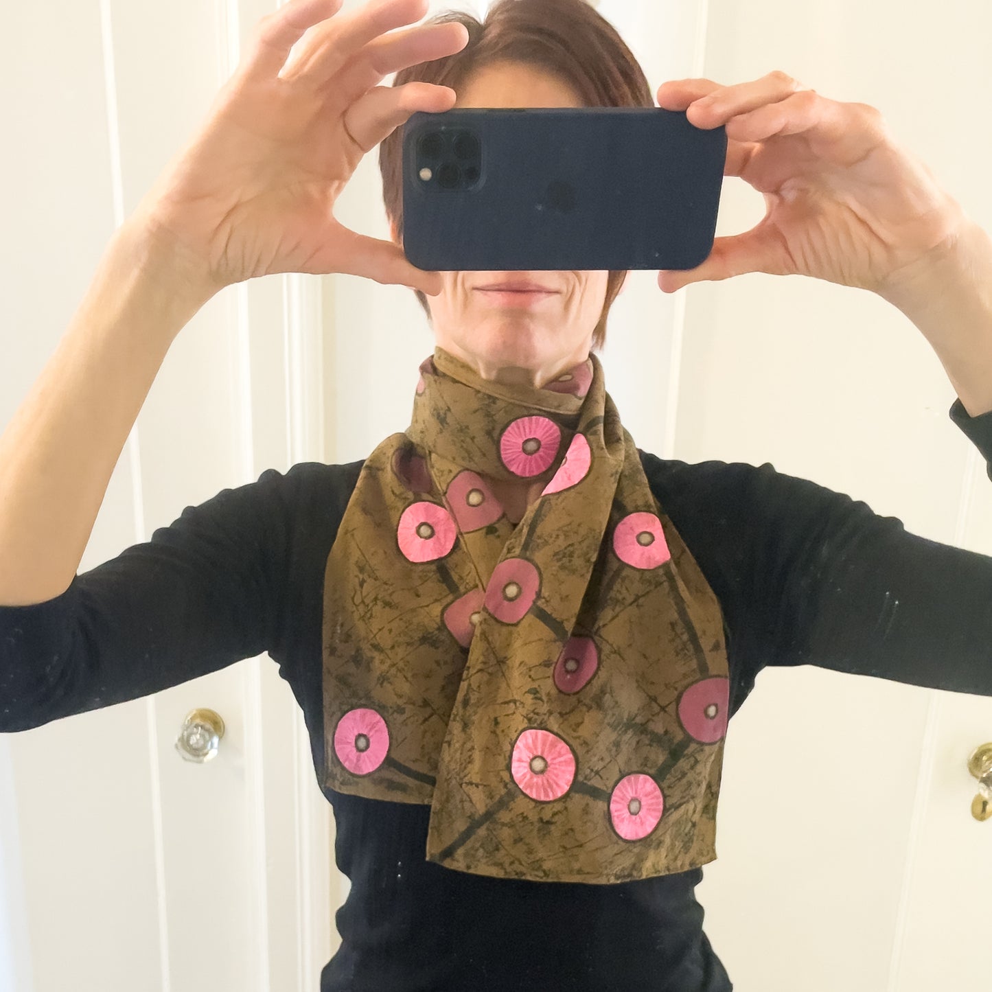 Dark taupe silk crepe de chine scarf with black lines and pink circles